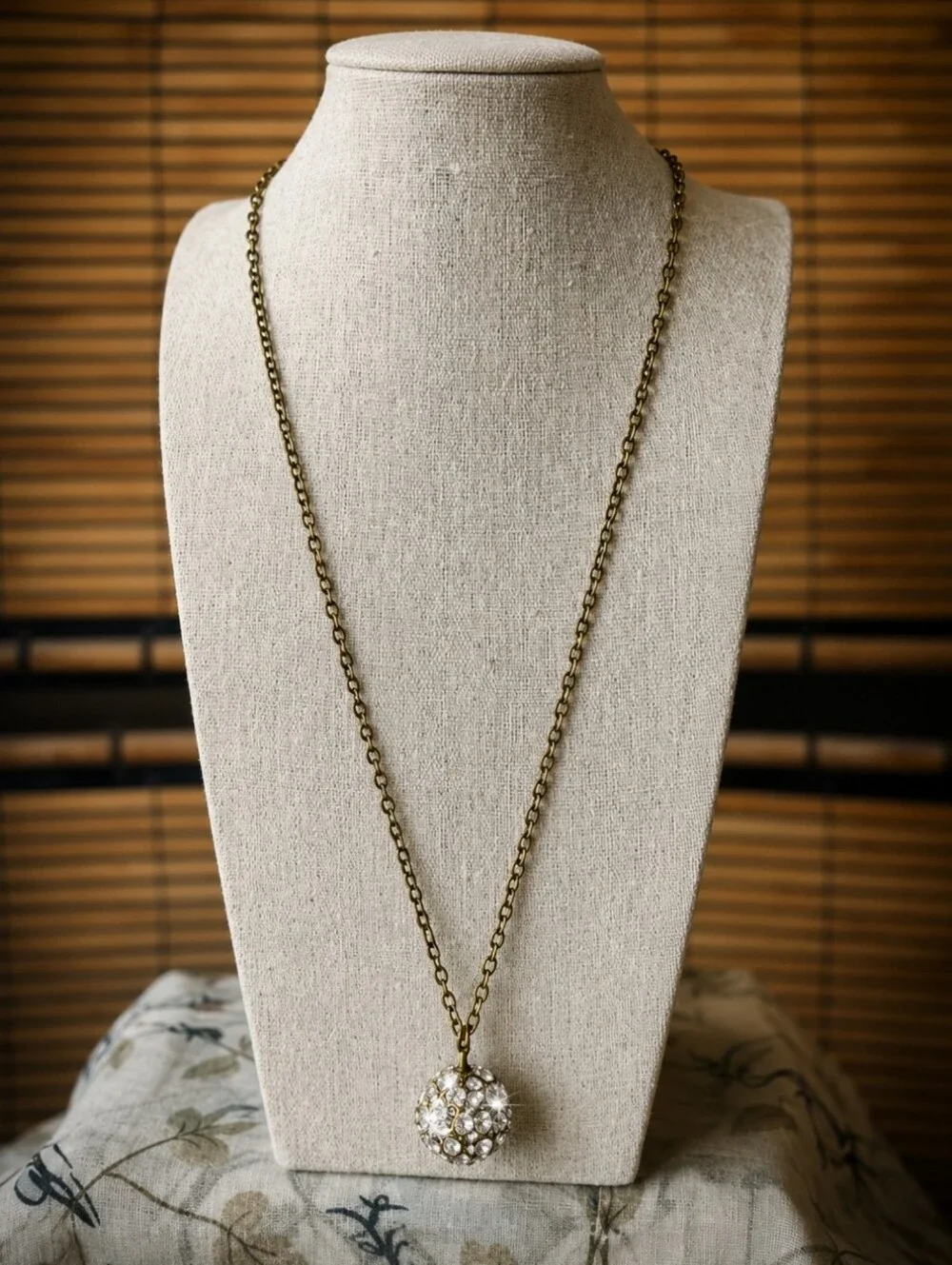 J Crew Single Round Disco Ball Style Rhinestone Pendant Necklace Clear Bezel Set